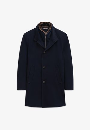 Navy Wollmischungsjacke mit einem Reißverschluss-Innenfutter, Stehkragen mit Kunstpelzfutter, Knopfverschluss und zwei Seitentaschen.