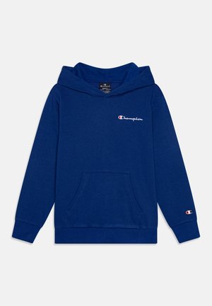 Marineblå Champion hættetrøje med front-kængurulomme, Champion-logo på bryst og ærme, lange ærmer og fastgjort hætte.