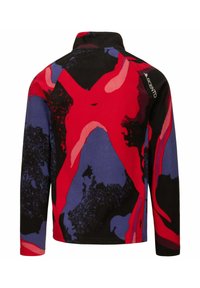 Giacca in pile con colletto alto, motivo astratto vivace nei colori rosso, blu e nero, con logo sulla spalla e maniche lunghe.