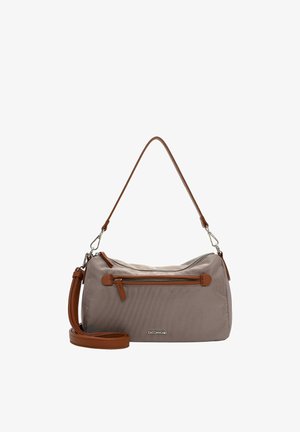 Borsa rettangolare grigia con tracolla regolabile in pelle marrone, tasca frontale con cerniera e cursori e accessori in metallo color argento.