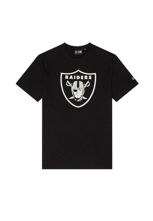 Black cotton T-shirt featuring a large white Raiders logo on a shield. Short sleeves and crew neck design. Soft texture, casual fit.
