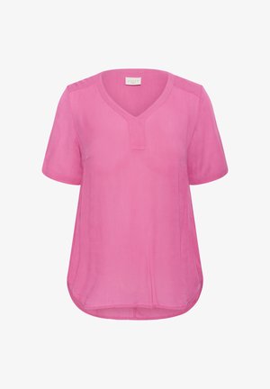 Top a maniche corte in un vibrante rosa. Presenta uno scollo a V e una vestibilità rilassata con una leggera curvatura all'orlo. Realizzato in tessuto leggero.