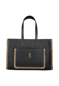 Sac en cuir noir avec bordure en surjet beige, anses doubles, poche avant et logo MS entrelacé doré sur la poche.