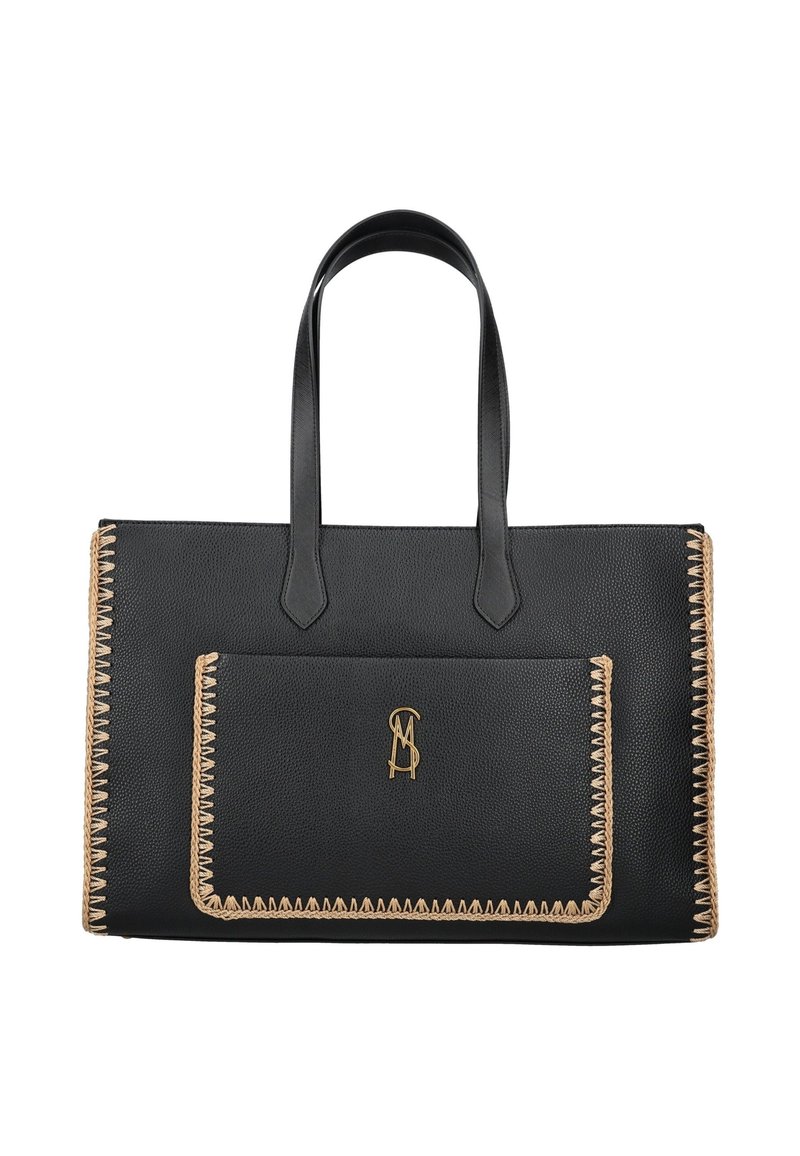 Sac en cuir noir avec bordure en surjet beige, anses doubles, poche avant et logo MS entrelacé doré sur la poche.