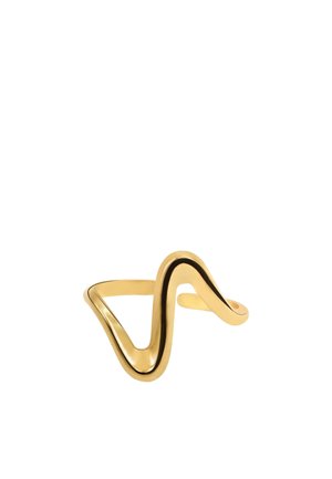 Goudkleurige gladde metalen ring met een open verstelbare band en een golfvormig ontwerp bovenop.
