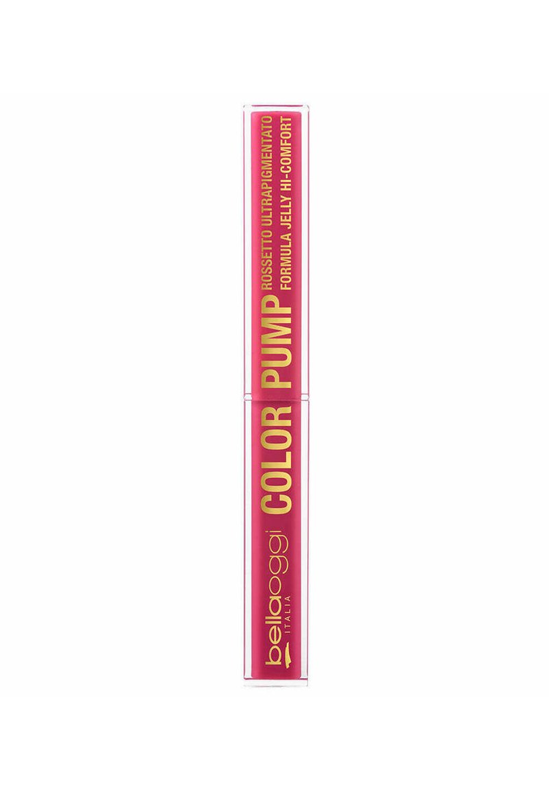 Una tubetto di rossetto con un design chiaro e rettangolare. L'etichetta è di un rosa brillante con testo dorato, con la dicitura "COLOR PUMP" e i dettagli del prodotto in italiano.