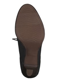 Suola nera di scarpa con fondo in gomma marrone texturizzato. Presenta una forma arrotondata con un leggero tacco e dettagli laterali.