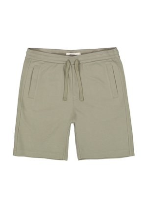 Hellgraue Shorts aus strukturiertem Stoff mit elastischem Bund, vorderem Kordelzug und zwei vertikalen Seitentaschen.