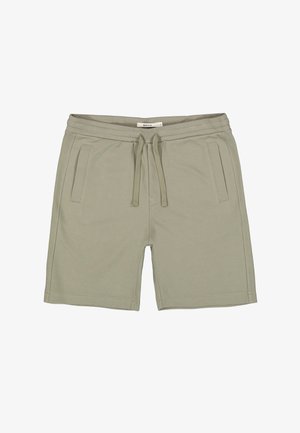 Lichtgrijze short van textiel met een elastische tailleband, een trekkoord aan de voorkant en twee verticale zijzakken.