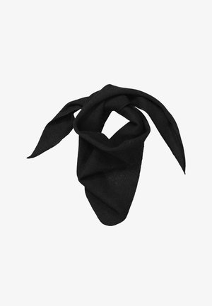 Sort tørklæde lavet af blødt stof, med trekantet form og knyttet design, med lange ender der danner spidse spidser.