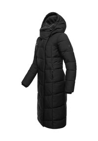 Ilgas juodas puffer paltas su gobtuvu, su siuvinėtu raštu ir minkšta pamušalu. Turi užtrauktuko uždarymą ir šonines kišenes. Švelni išorinė tekstūra.