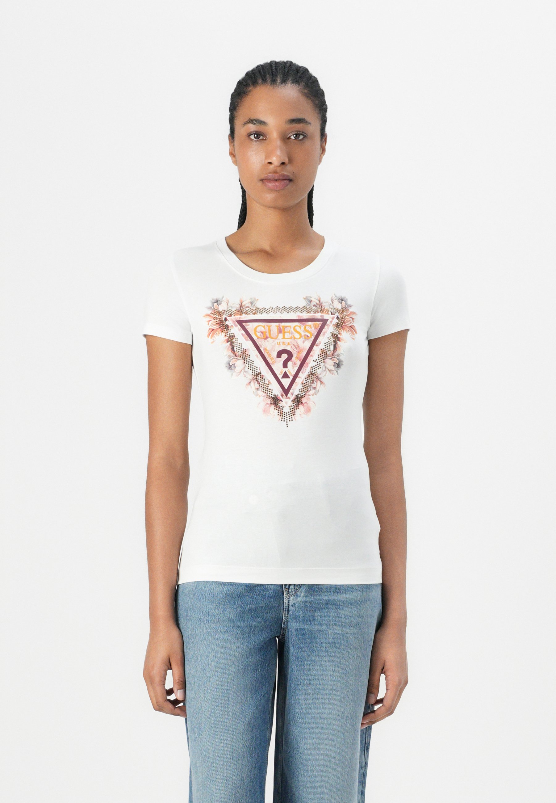 売れ筋商品|||ゲス Tシャツ レディース トップス TRIANGLE FLOWERS TEE - Print T-shirt - pure white ゲス GUESS Triangle Flowers Tee （G67G） ロゴ 半袖 Tシャツ