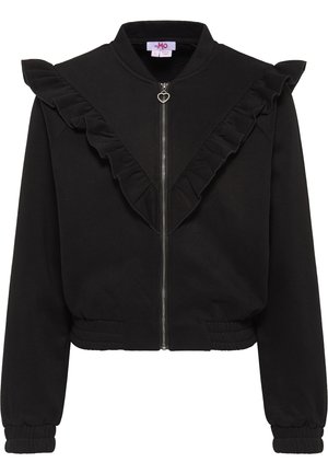 Black cropped sweatshirt with ruffled collar and zipper closure. Features elastic cuffs and hem. Made from soft, textured fabric.