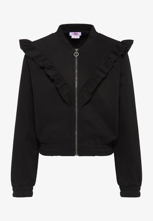 Black cropped sweatshirt with ruffled collar and zipper closure. Features elastic cuffs and hem. Made from soft, textured fabric.