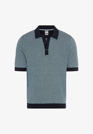 Polo in maglia a maniche corte con motivo a punti orizzontali blu e nero, colletto nero, patta con bottoni e polsini.