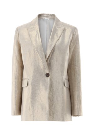 Beiger Ein-Knopf-Blazer mit Notch-Revers, Pattentaschen, langen Ärmeln und leicht strukturierter Stoffoberfläche.