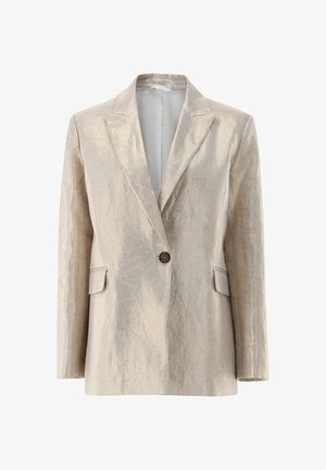 Beiger Ein-Knopf-Blazer mit Notch-Revers, Pattentaschen, langen Ärmeln und leicht strukturierter Stoffoberfläche.