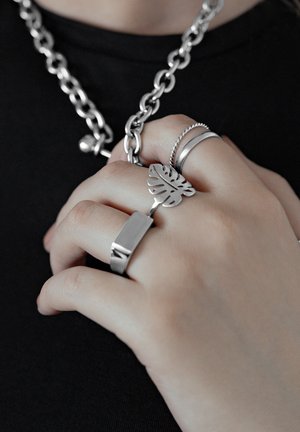 Hand holding silver chain necklace, wearing three silver rings: one leaf-shaped, one twisted band, and one rectangular band.