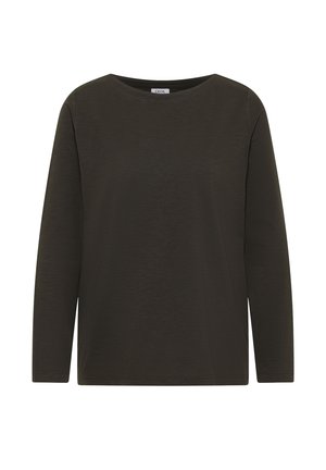 Maglietta a maniche lunghe verde scuro realizzata in tessuto morbido, con scollo rotondo e vestibilità morbida, senza motivi o dettagli evidenti.