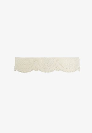Bordo in pizzo bianco smerlato con decorazioni di perle disposte in un motivo a semicerchio ripetuto.