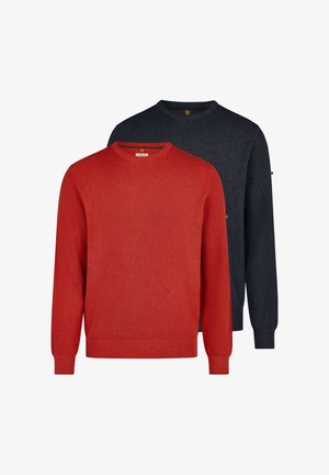 To teksturerede strikkede crewneck-trøjer, den ene skrigrød foran og den anden mørkegrå bagved, begge med lange ærmer og ribstrikkede manchetter og kanter.