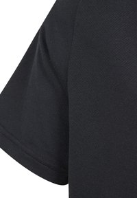 T-shirt noir en coton avec une texture lisse, à manches courtes et col rond. Détails de couture visibles le long de l'ourlet et des bords des manches.
