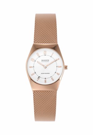Roségoldene Mesh-Armbanduhr mit weißem Zifferblatt, roségoldenen Ziffern, zwei Zeigern und den Texten „Skagen Denmark“ und „Solar Powered“.