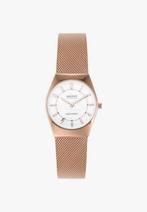 Roségoldene Mesh-Armbanduhr mit weißem Zifferblatt, roségoldenen Ziffern, zwei Zeigern und den Texten „Skagen Denmark“ und „Solar Powered“.
