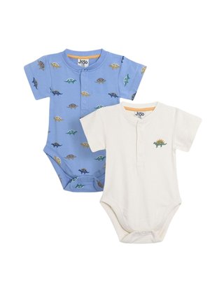 Dva dojčenské body s krátkym rukávom: jedno modré s viacfarebnými potlačami dinosaurov, jedno biele s malou zelenou výšivkou dinosaura.