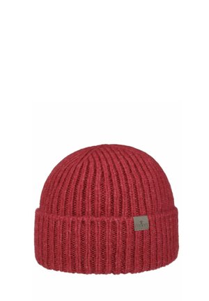 Red knit beanie with ribbed texture and a folded brim featuring a small rectangular brand tag.