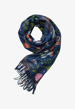 Blue scarf featuring colorful botanical and animal prints, with fringe detailing at the ends, made from soft, lightweight material.