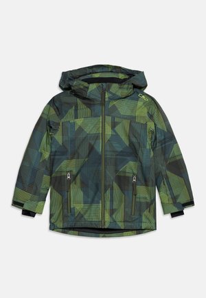 Veste à capuche pour enfants avec motif géométrique vert et bleu foncé, fermeture éclair frontale, deux poches zippées et poignets de manches réglables.