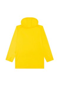 Imperméable jaune à capuche avec des manches longues, fabriqué en matériau lisse et léger, présentant un design simple et sans couture avec un ourlet droit.