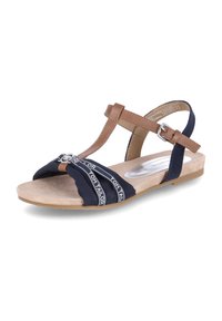 Sandali in tessuto blu navy con design a T, dettagli in pelle color cuoio e fibbia in tonalità argento. Presentano suole interne testurizzate e suole piatte.