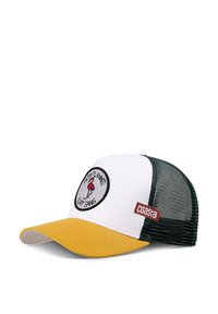 Casquette avec une face blanche et une visière jaune, à l'arrière en mesh vert, patch rond avec un graphique de flamant rose et "Surf Gang", étiquette rouge "Coastal" sur le côté.