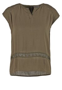 Khaki kortærmet bluse med V-hals, prydet med broderede detaljer på skuldrene og et struktureret bånd i taljen. Glat stof.