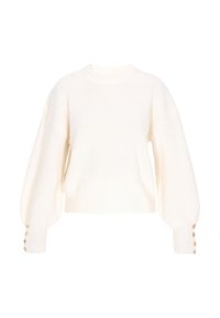 Maglione lavorato a maglia bianco crema con maniche lunghe a palloncino e bottoni dorati sui polsini, caratterizzato da un colletto e orlo a coste.