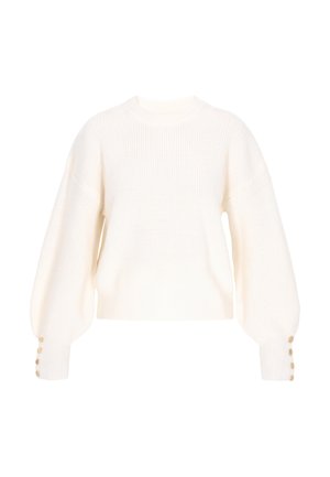 Cremehvid, strikket sweater med store lange ærmer og guldknapper på mansjetterne, der har en ribbet rund halsudskæring og kant.