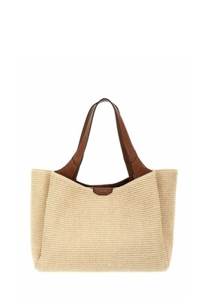 Borsa tote beige intrecciata con manici in pelle marrone e una piccola toppa in pelle con marchio al centro davanti.