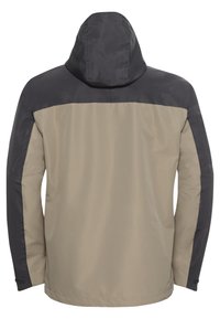 Veste légère beige avec capuche et épaules noires. Dotée d'une texture lisse et de manches longues, conçue pour un usage en extérieur.