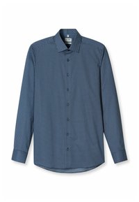 Langarm-Hemd in Dunkelblau mit geometrischem Muster. Verfügt über einen Kentkragen und einen abgerundeten Saum. Weicher, strukturierter Stoff.