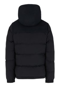 Veste matelassée noire avec capuche, design rembourré, col côtelé et poignets élastiques. Texture unie sans motifs ni accessoires visibles.