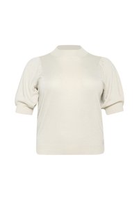Crème korte mouwen trui met opbollende schouders, geribbelde hoge hals en boorden, en een rechte zoom.