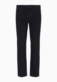 Pantaloni in denim nero con gamba dritta, dotati di chiusura frontale con bottone e passanti per cintura. Texture liscia senza motivi visibili.