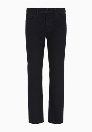 Pantaloni in denim nero con gamba dritta, dotati di chiusura frontale con bottone e passanti per cintura. Texture liscia senza motivi visibili.