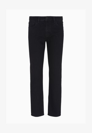 Pantaloni in denim nero con gamba dritta, dotati di chiusura frontale con bottone e passanti per cintura. Texture liscia senza motivi visibili.