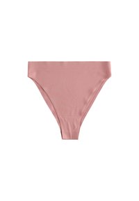 Pink bikini briefs with a smooth, stretchy fabric. Features a simple design with a mid-rise waist and moderate rear coverage.