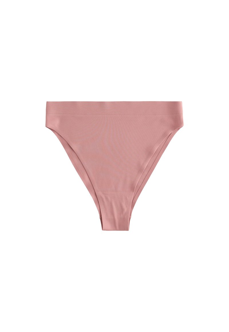 Pink bikini briefs with a smooth, stretchy fabric. Features a simple design with a mid-rise waist and moderate rear coverage.