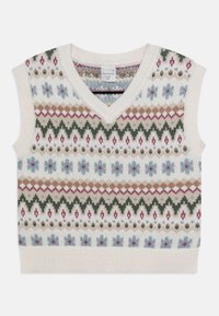 Strikket ærmeløs sweater med V-hals, der har et flerfarvet geometrisk mønster i beige, grøn, blå og burgunder nuancer.