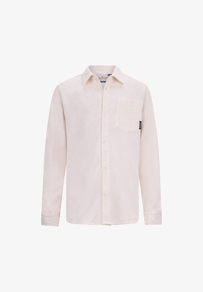 Crème-kleurige longsleeve shirt met een kraag, knoopsluiting, een borstzak en een gestructureerde stof.